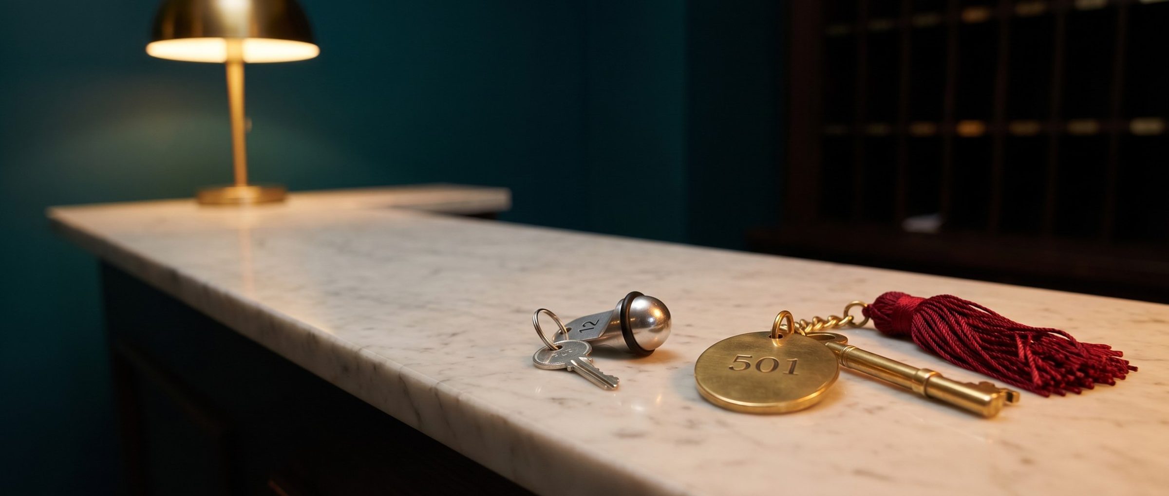 Two hotel room keys on a marble front desk at night: a small silver key on a chrome teardrop fob engraved 12, and a brass key on a large round brass fob engraved 501 with a deep red tassel, a brass desk lamp and a wall of key cubbies behind