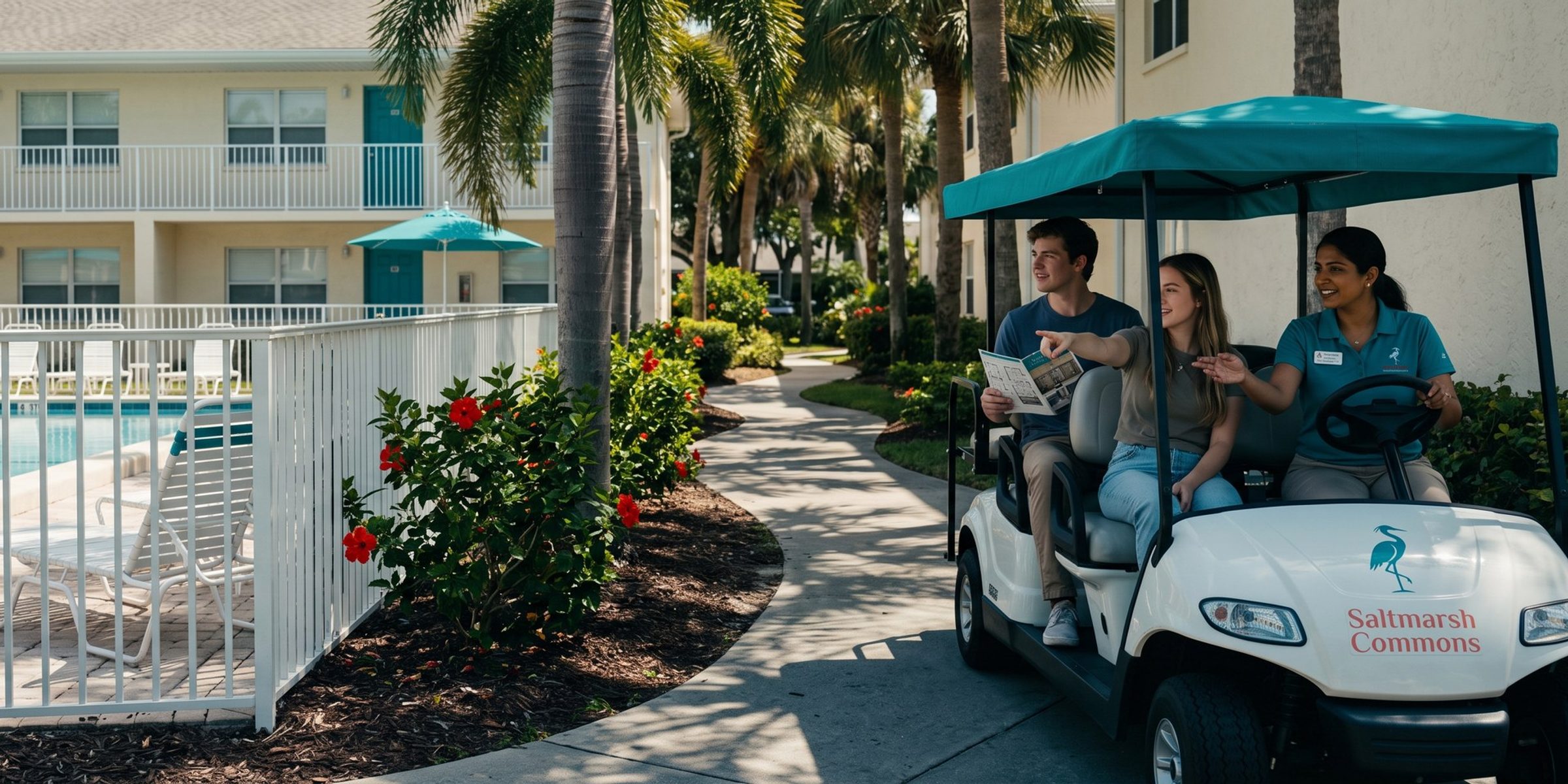 A leasing agent in a teal Saltmarsh Commons polo drives a white golf cart with a teal canopy and heron logo past the community pool, a renter couple aboard pointing and holding a floor plan brochure