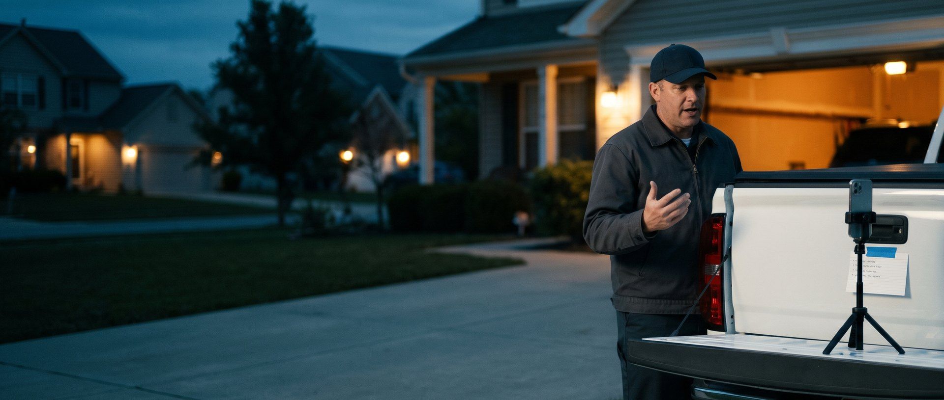 A garage door technician in a driveway at dusk talking into his phone, which sits on a small tripod on his pickup tailgate beside a taped index card of handwritten notes