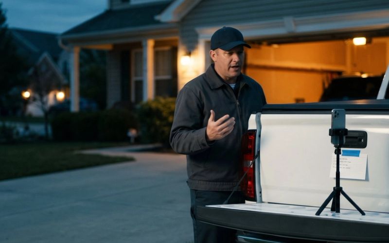 A garage door technician in a driveway at dusk talking into his phone, which sits on a small tripod on his pickup tailgate beside a taped index card of handwritten notes