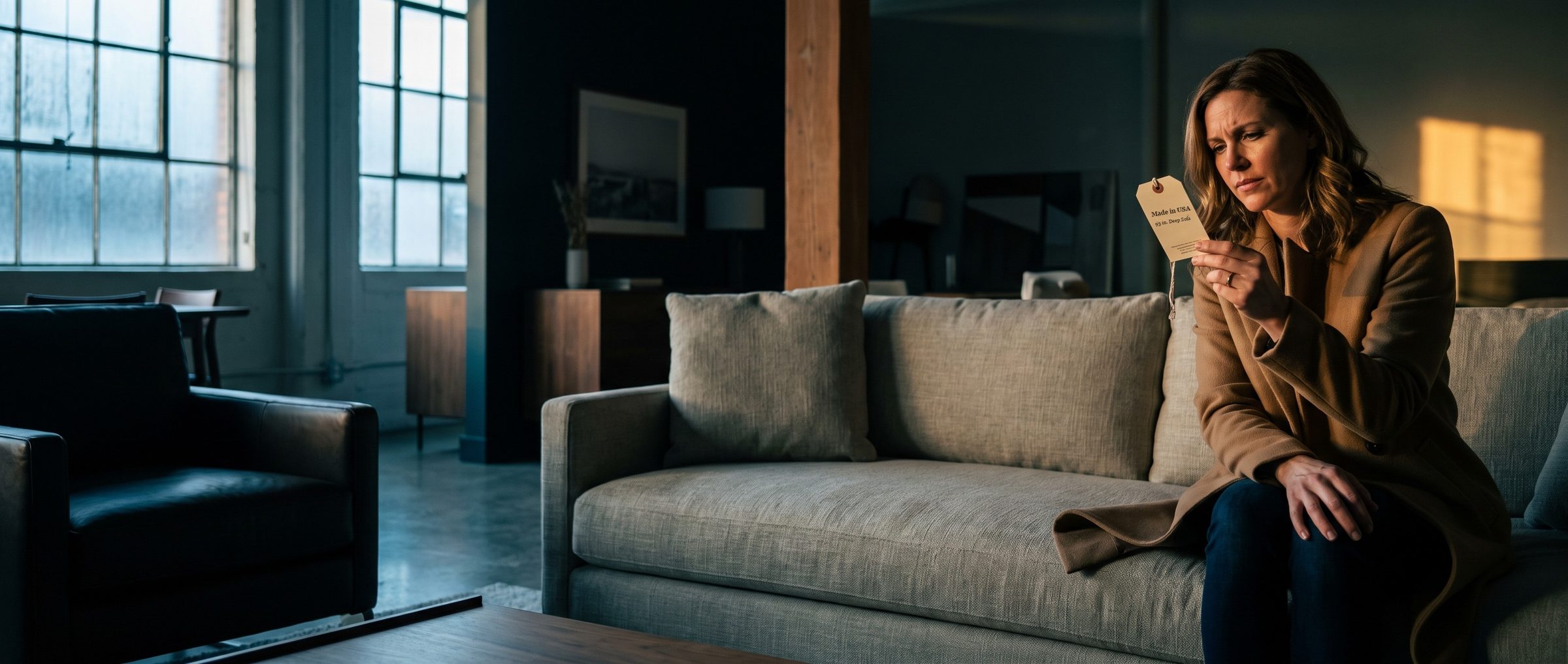 In a furniture showroom, a woman in a camel coat perches on the arm of a deep linen sofa and reads its hang tag, which says Made in USA, 93 in. Deep Sofa