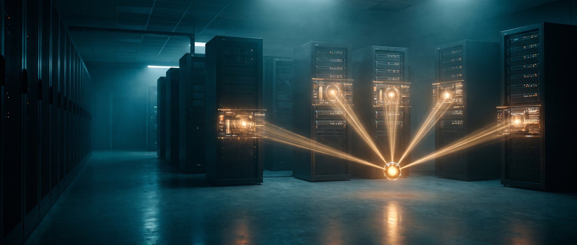 A dark server aisle with a single glowing amber core low in the frame, five beams of light reaching out from it to five separate equipment racks