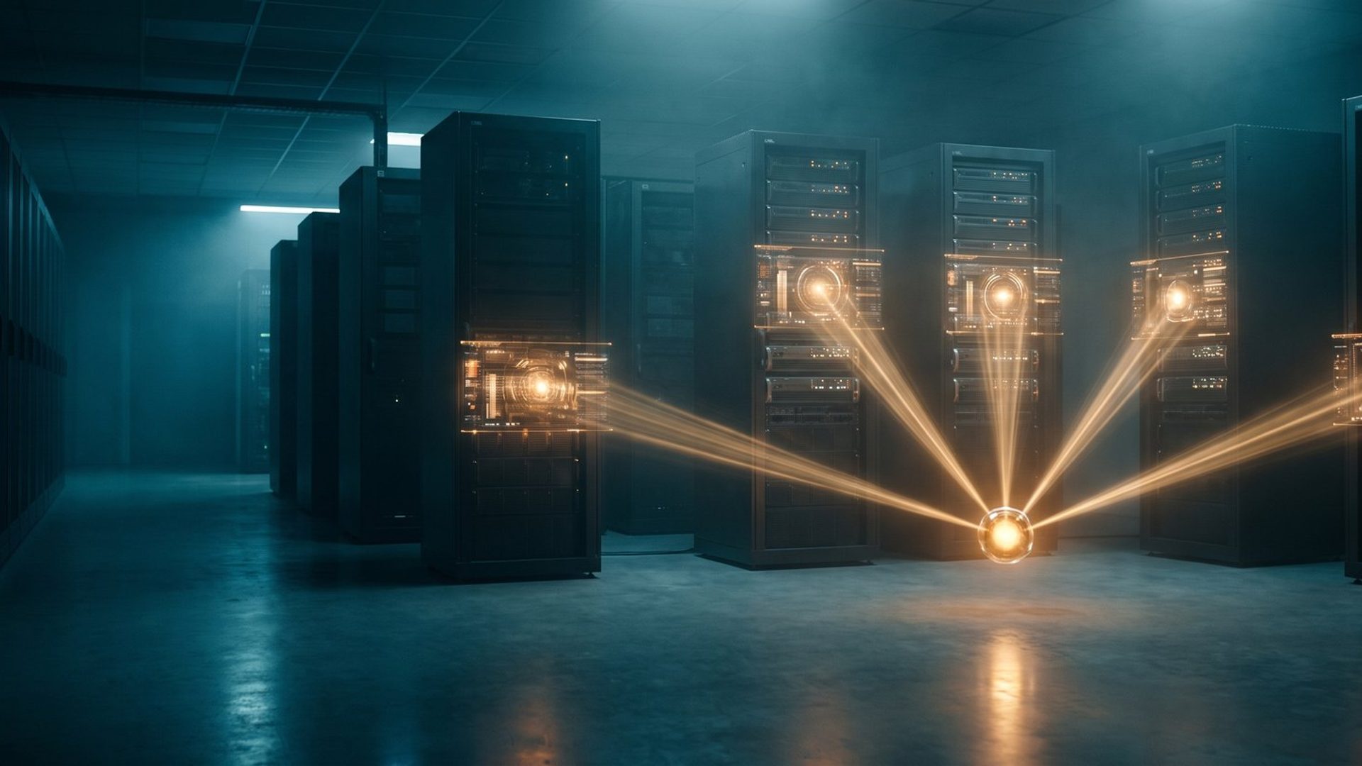 A dark server aisle with a single glowing amber core low in the frame, five beams of light reaching out from it to five separate equipment racks