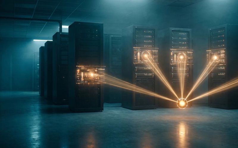 A dark server aisle with a single glowing amber core low in the frame, five beams of light reaching out from it to five separate equipment racks
