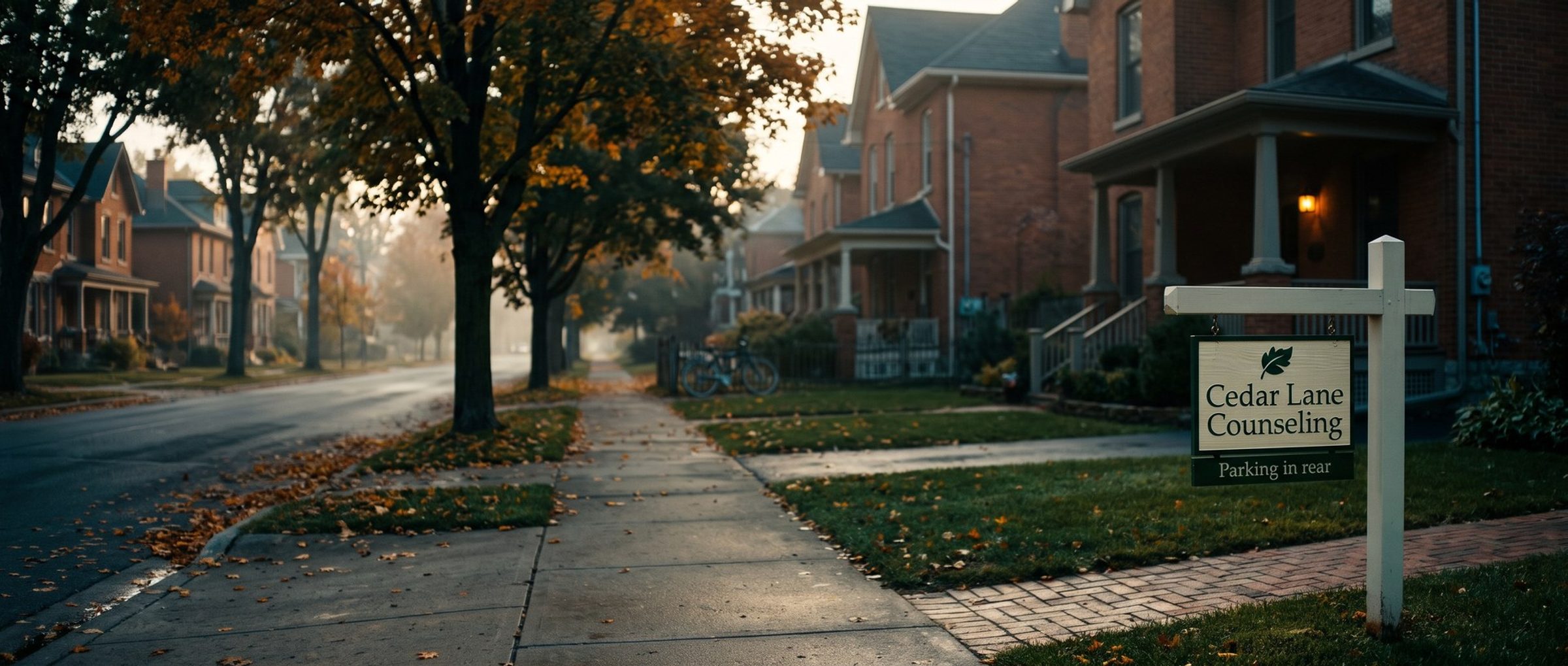Early morning on a quiet tree-lined street of brick houses, a small wooden post sign at the end of a brick path reads Cedar Lane Counseling, Parking in rear