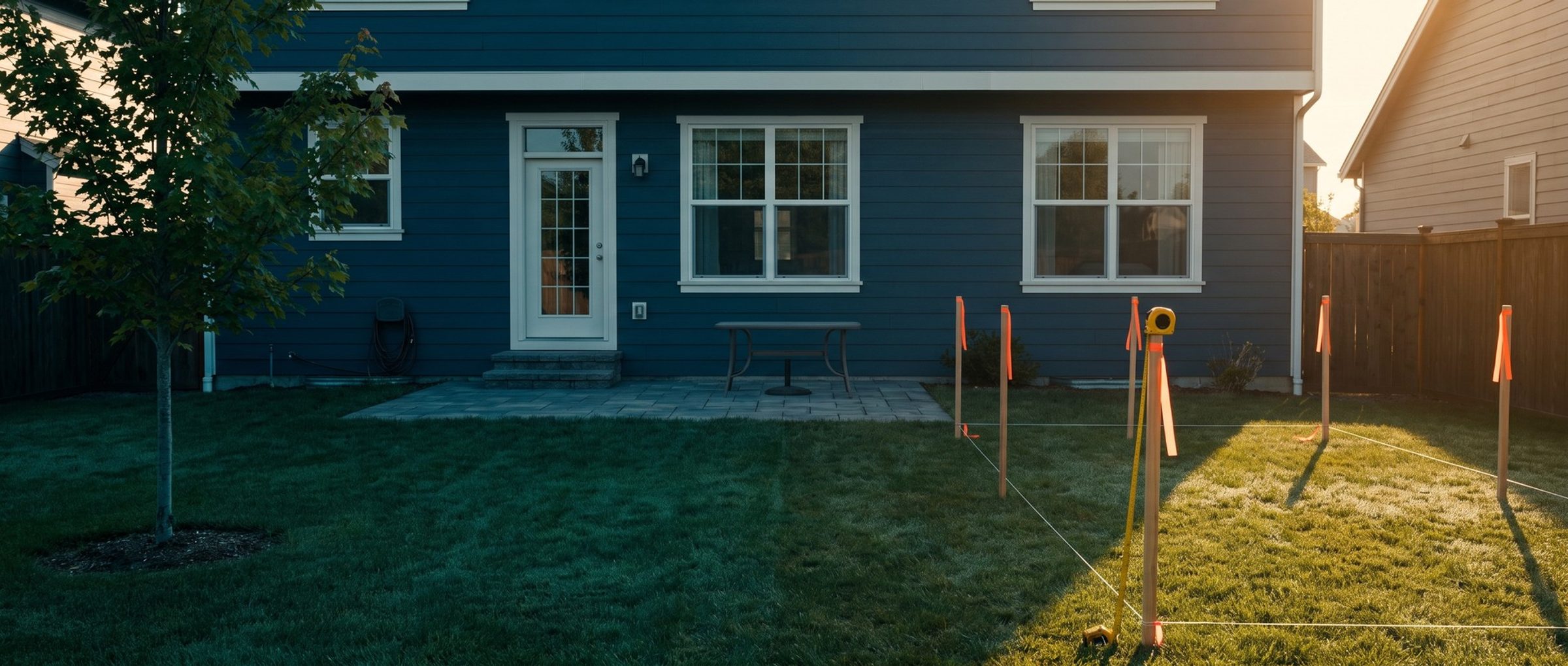 A fenced backyard behind a blue-gray house at dusk, staked out with orange-flagged survey stakes, a string line and a yellow tape measure where a home addition will go