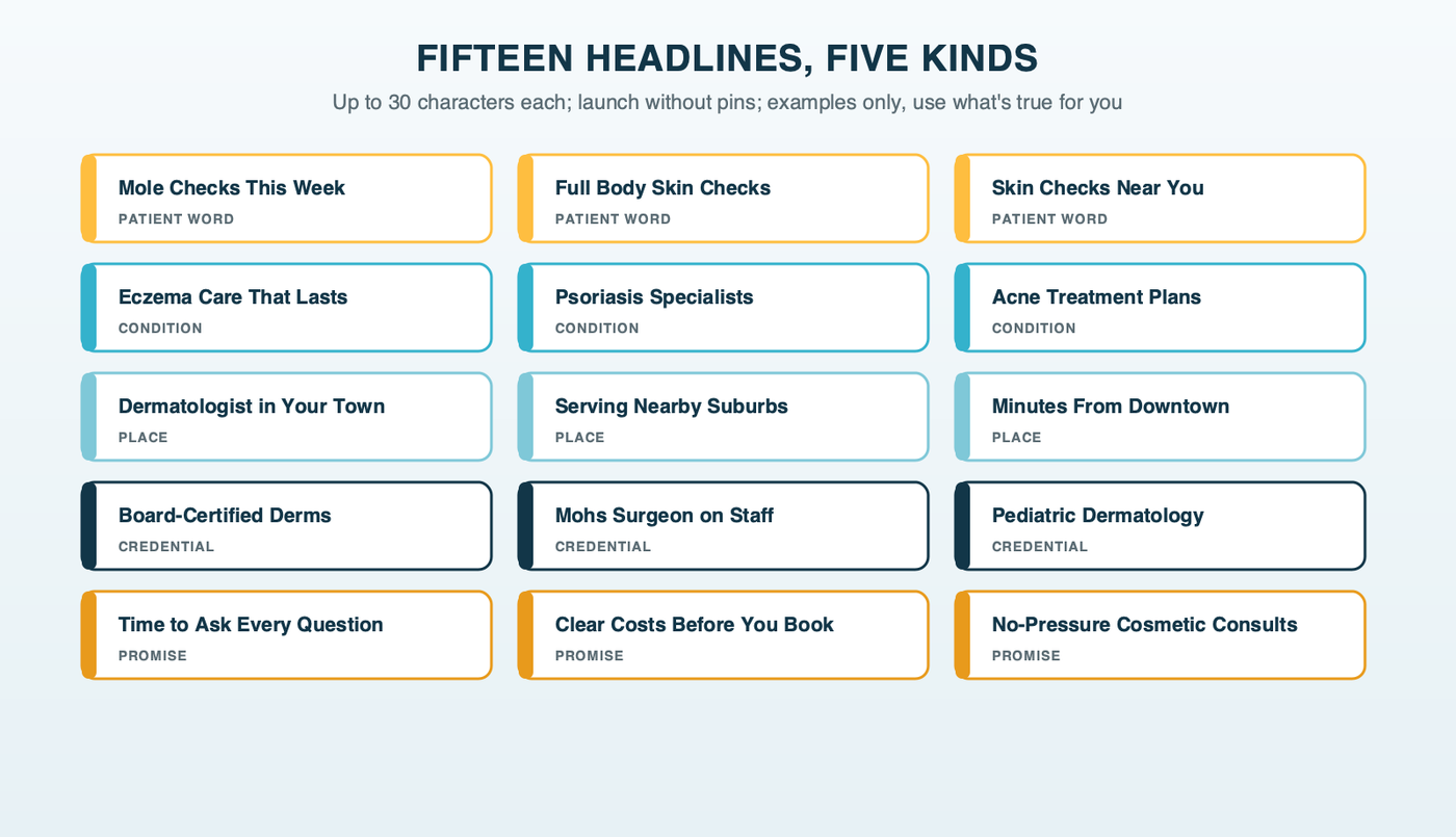A 15-headline grid for a dermatology ad group, each slot colored by type: the patient's word, the condition, the place, the credential and the promise
