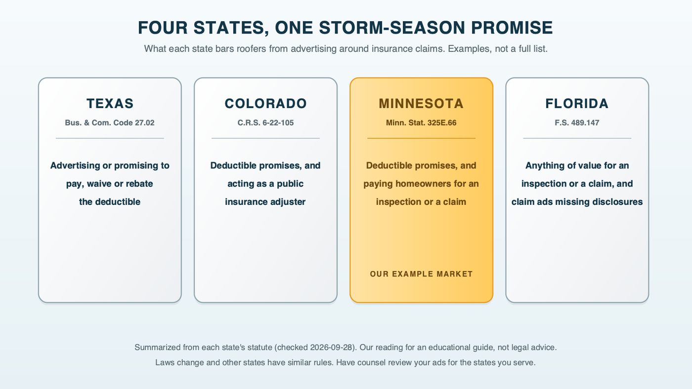 Four states and the roofing insurance promise each one bars in advertising: Texas, Colorado, Minnesota and Florida, with statute numbers, covering deductible waivers, paying homeowners for inspections or claims, and acting as a public adjuster; labeled as examples, not a full list, and not legal advice