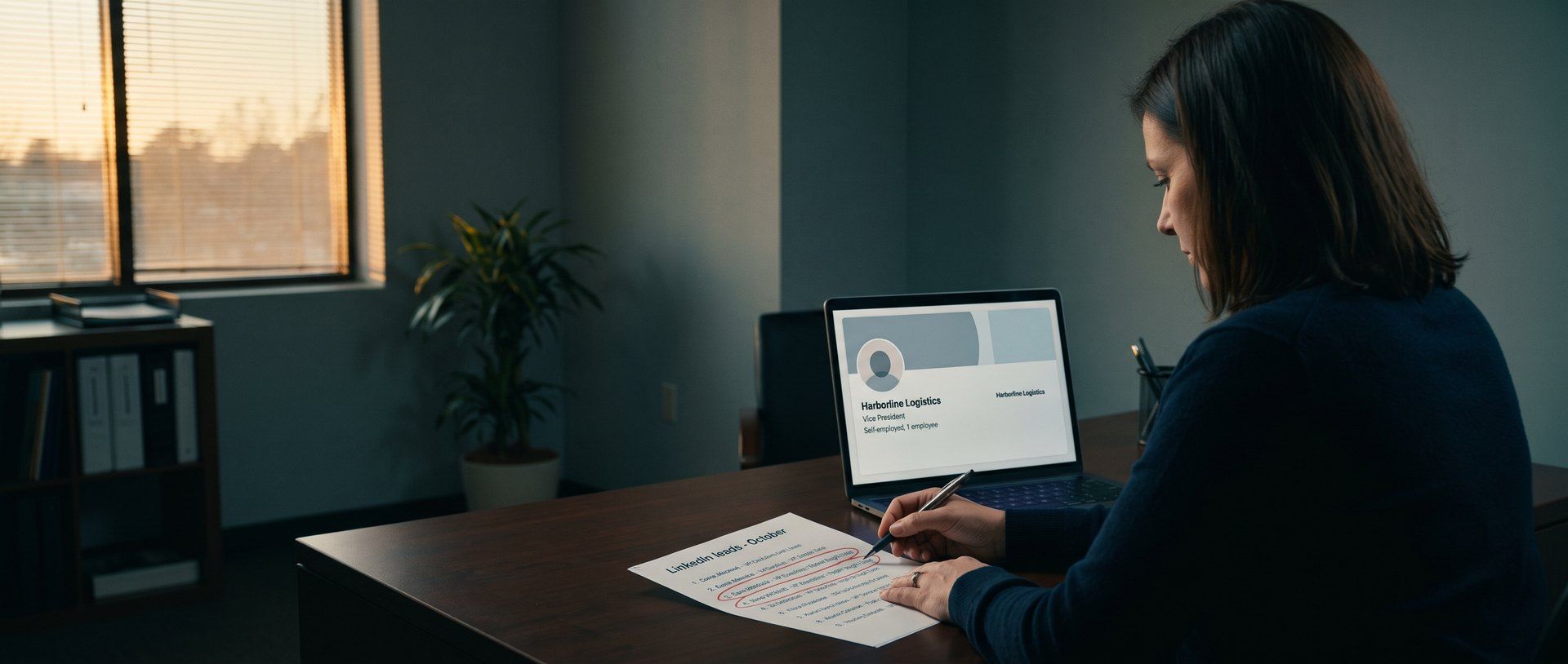 A small-business owner at her office desk at dusk, running a pen down a printed list of LinkedIn leads with three rows circled in red, while her laptop shows a profile for a vice president at Harborline Logistics who is self-employed with one employee.