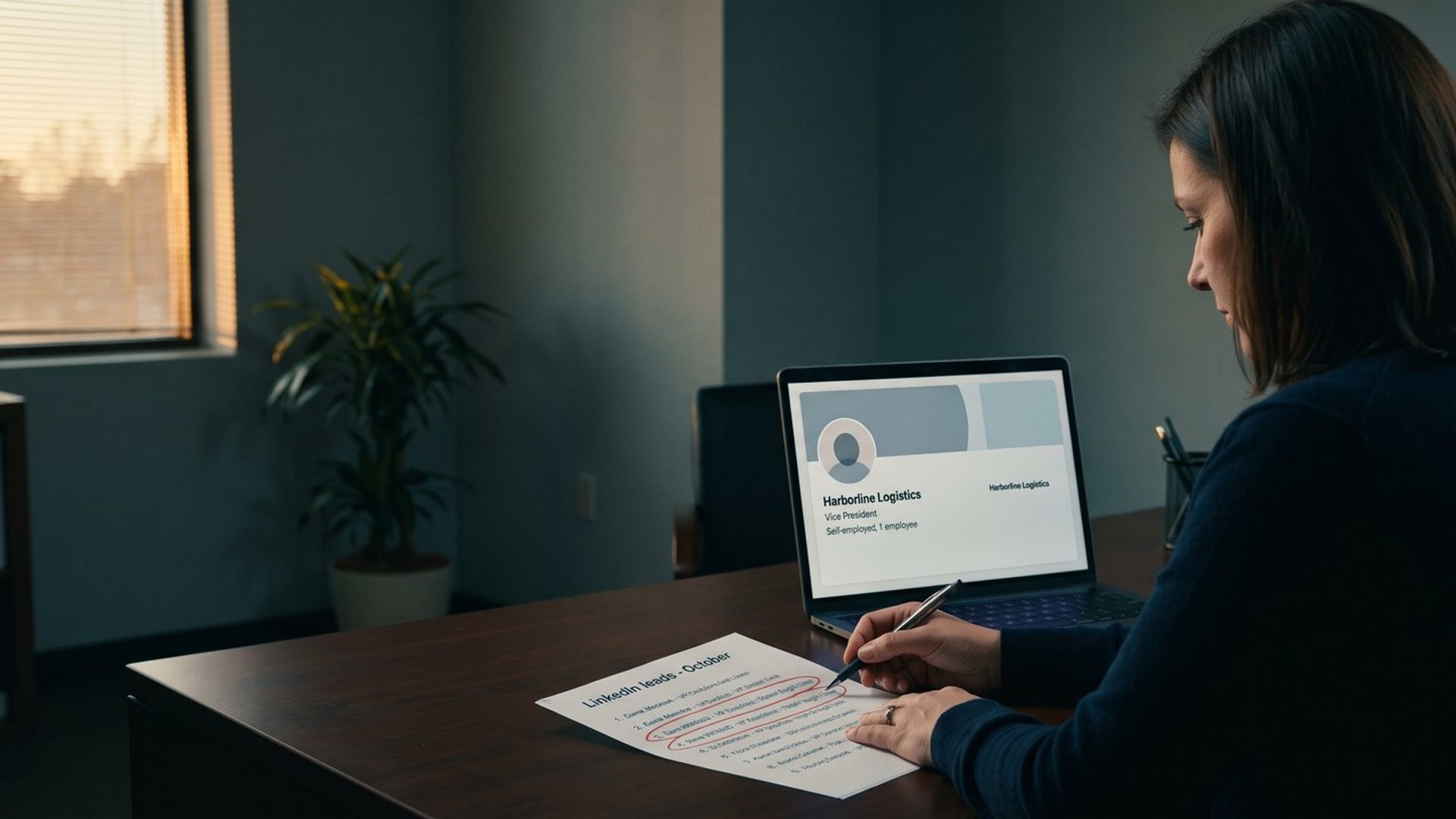 A small-business owner at her office desk at dusk, running a pen down a printed list of LinkedIn leads with three rows circled in red, while her laptop shows a profile for a vice president at Harborline Logistics who is self-employed with one employee.