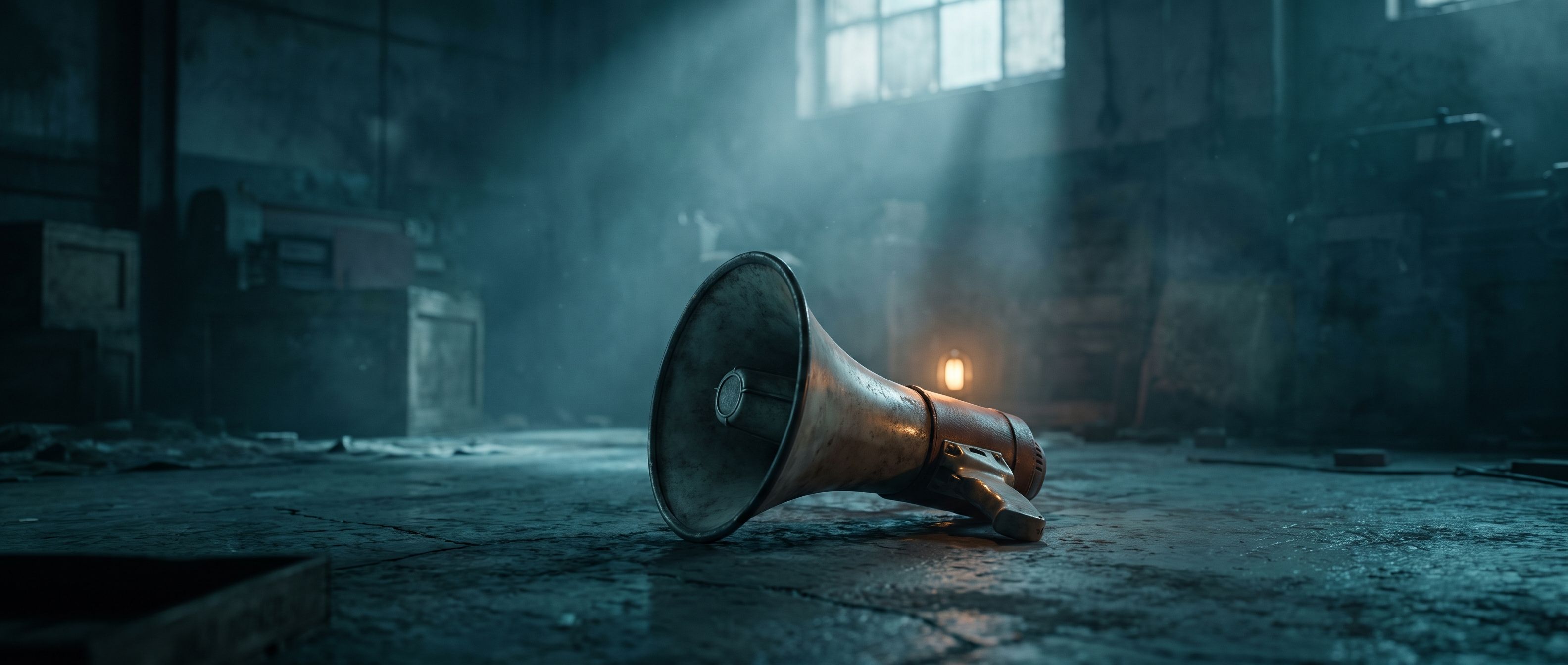 An abandoned brass megaphone lying on the floor of a derelict hall, a single small amber flame burning at its mouth.