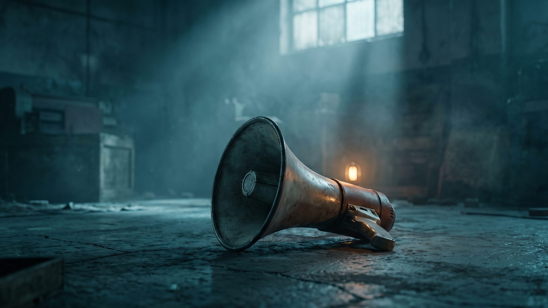 An abandoned brass megaphone lying on the floor of a derelict hall, a single small amber flame burning at its mouth.