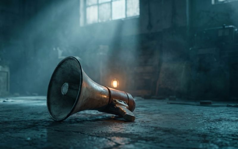 An abandoned brass megaphone lying on the floor of a derelict hall, a single small amber flame burning at its mouth.