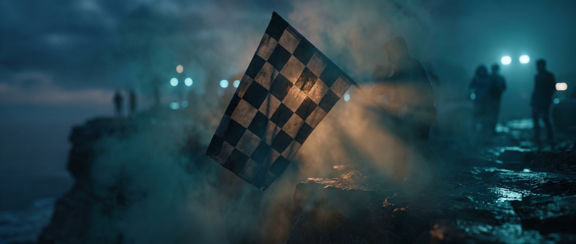 A checkered finish flag catching warm amber light in cool teal fog at the edge of a cliff - the strong finish at the end of the run.