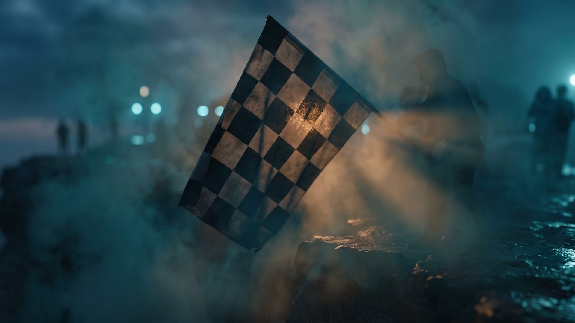 A checkered finish flag catching warm amber light in cool teal fog at the edge of a cliff - the strong finish at the end of the run.