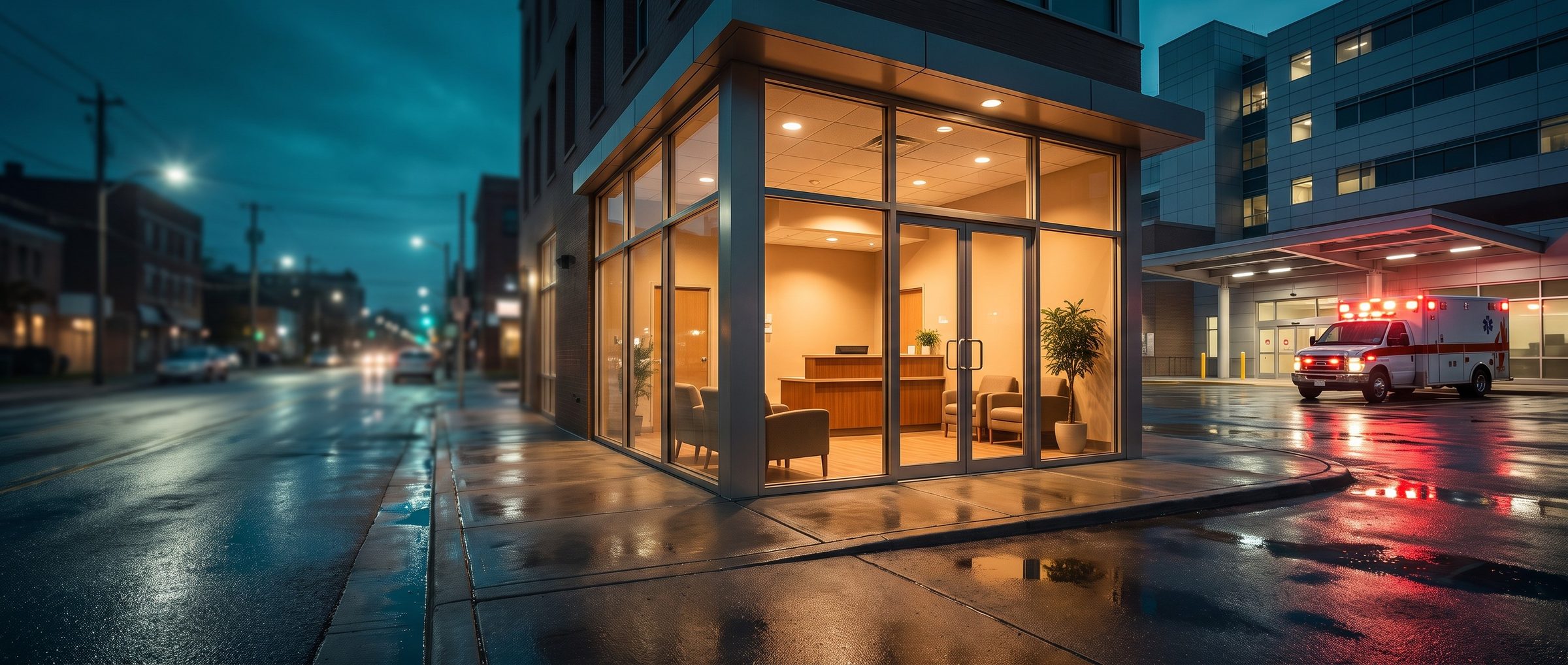 On a rain-wet street at night, a small walk-in clinic glows warm and empty on the corner while, next door, an ambulance idles with its lights flashing under a hospital's emergency entrance canopy