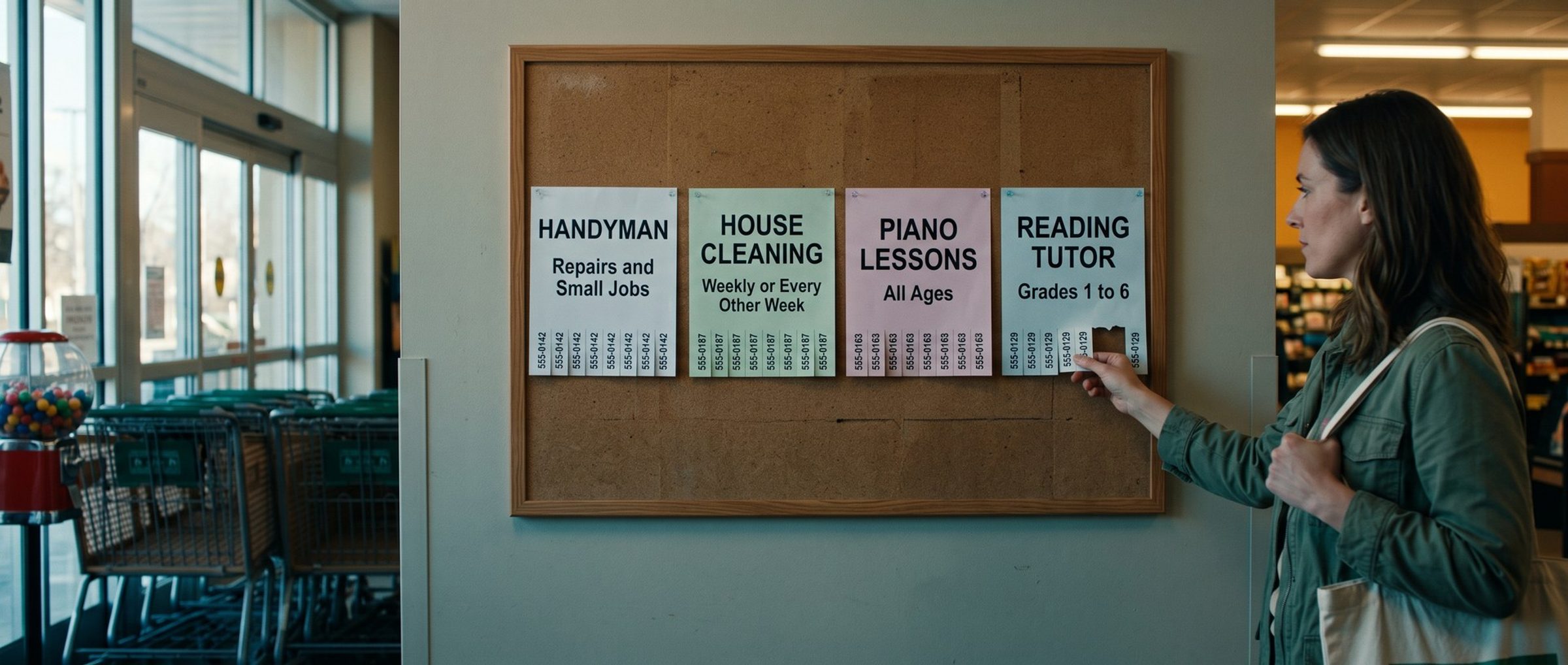 A shopper at a grocery store bulletin board pinches a tear-off phone tab on a reading tutor flyer, next to flyers for a handyman, house cleaning and piano lessons