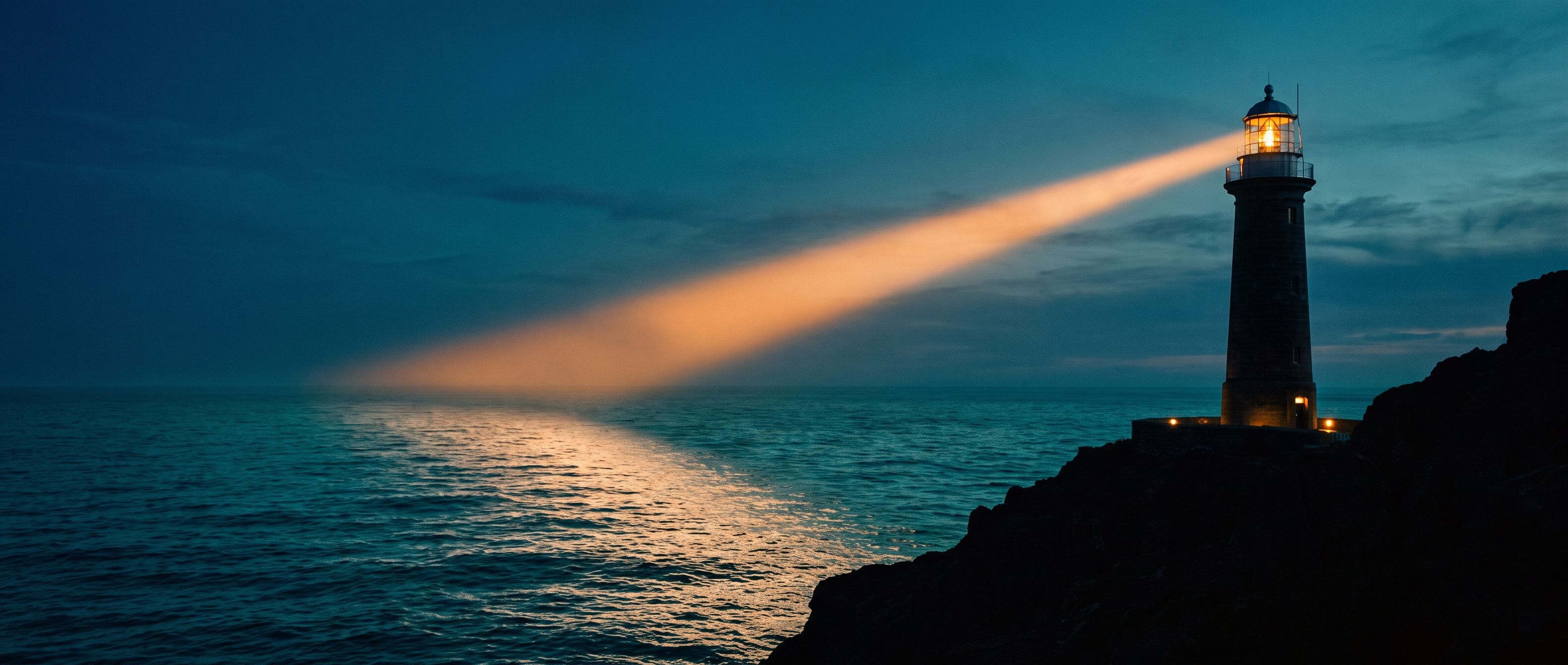 A lighthouse casting one clean beam across a dark sea - one signal doing its single job