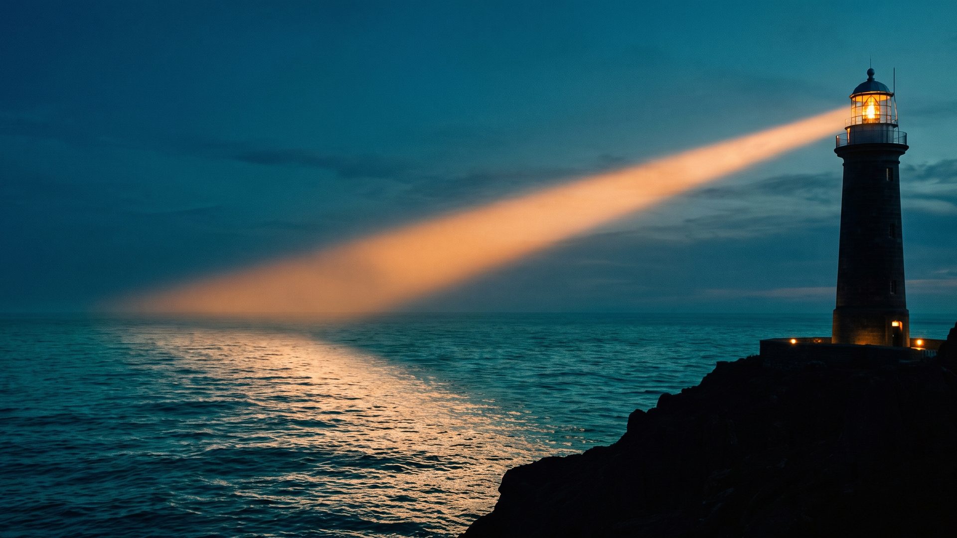 A lighthouse casting one clean beam across a dark sea - one signal doing its single job