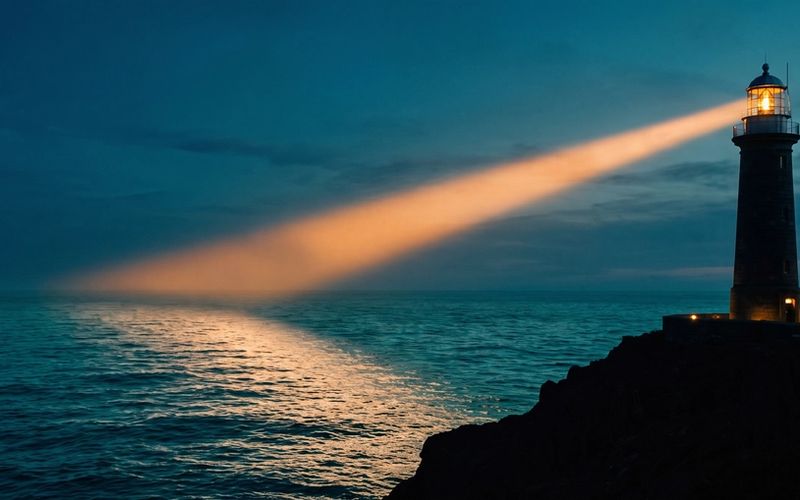 A lighthouse casting one clean beam across a dark sea - one signal doing its single job