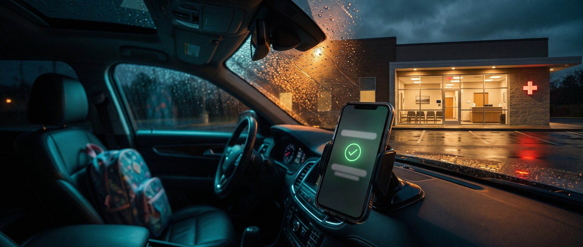 Inside a parked car at night, a phone in a dashboard mount shows a green check mark while a small urgent care clinic glows across the rainy parking lot, its glass front showing the waiting room and a red cross on the wall