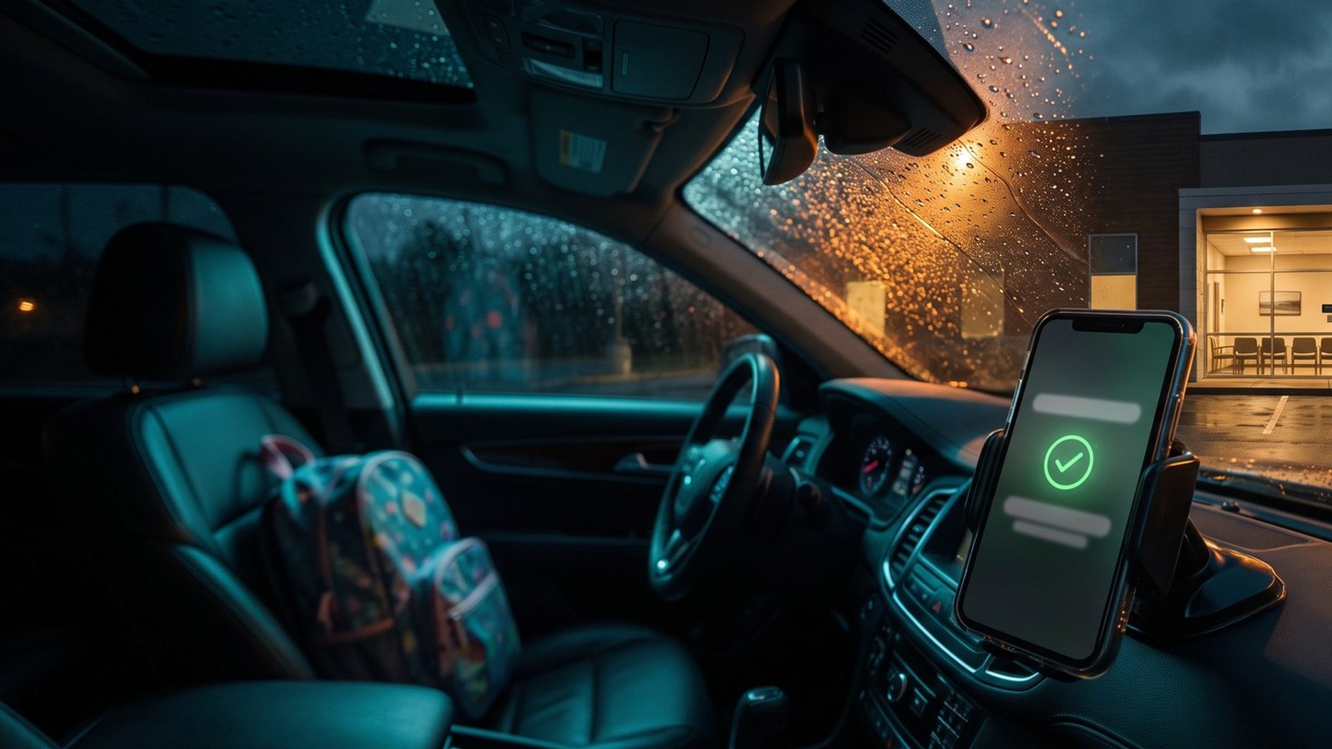 Inside a parked car at night, a phone in a dashboard mount shows a green check mark while a small urgent care clinic glows across the rainy parking lot, its glass front showing the waiting room and a red cross on the wall