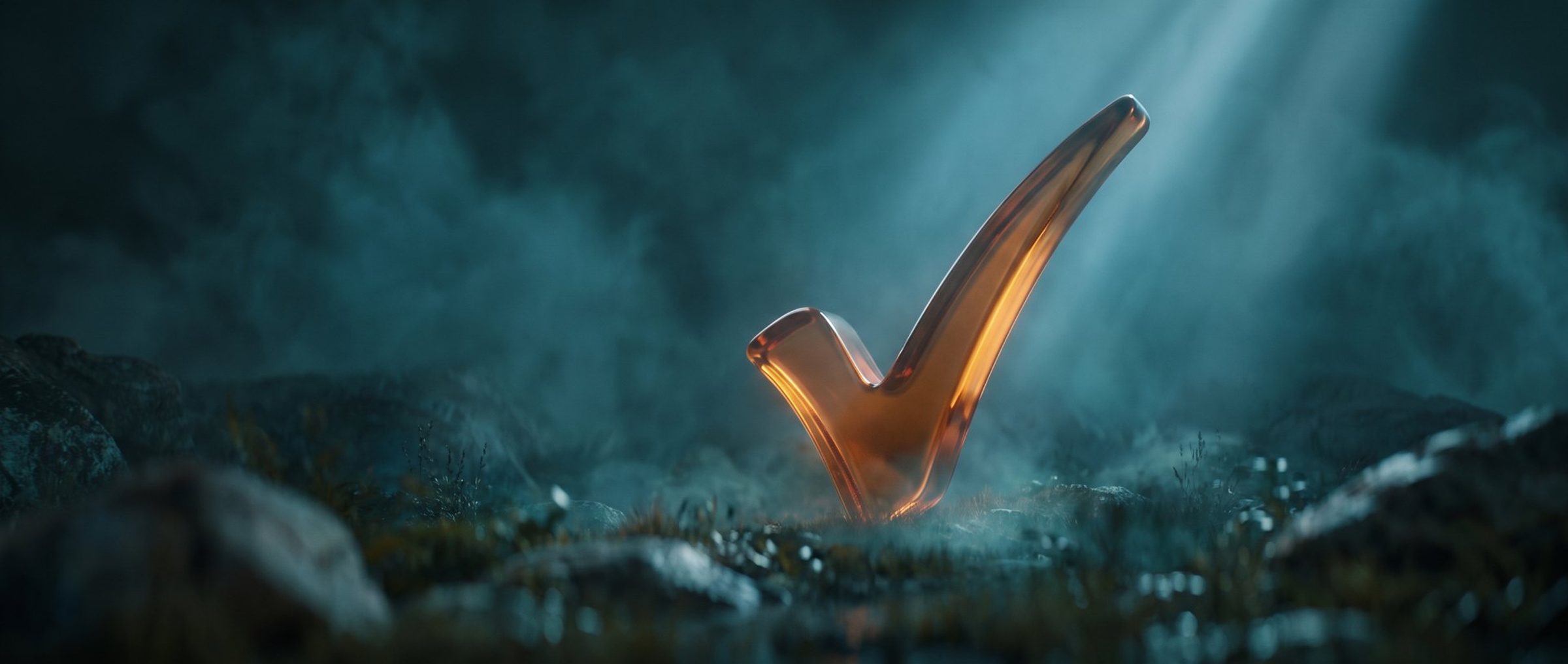 A glowing amber checkmark standing upright on dark, misty ground under a shaft of light.