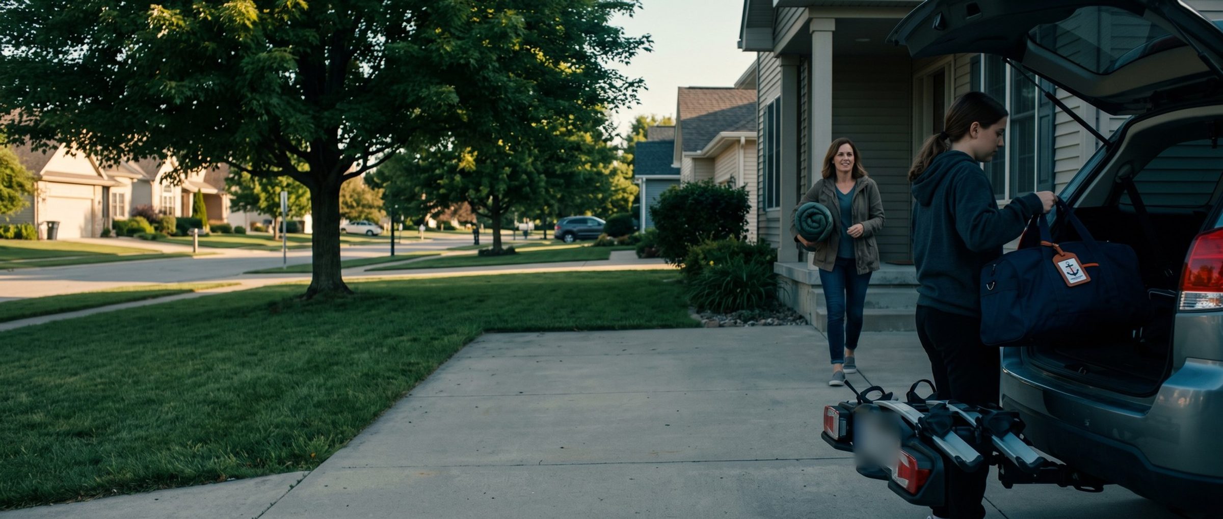In a suburban driveway at morning, a teenage girl lifts a navy duffel with a Harbor Bay College anchor tag into the family car while her mother walks down the porch steps carrying a sleeping bag