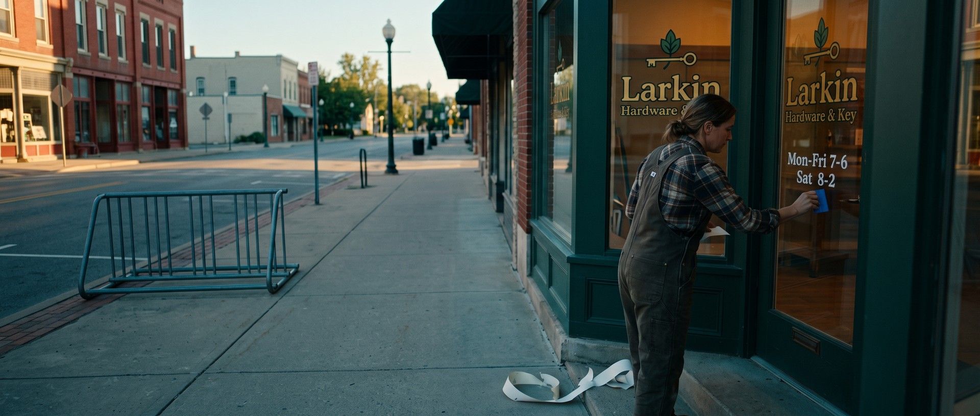 Early morning on a quiet main street, the owner of a small hardware shop presses new store hours lettering onto her glass front door beneath the shop's name and logo