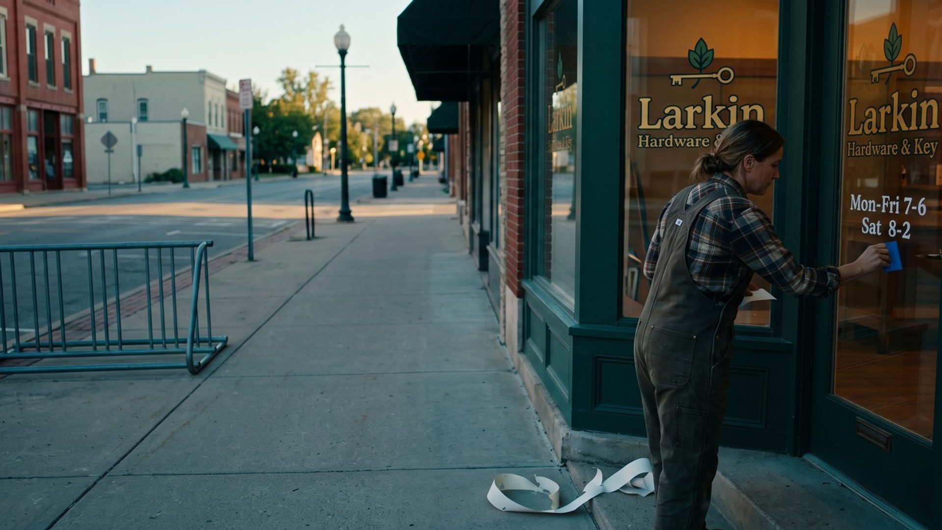 Early morning on a quiet main street, the owner of a small hardware shop presses new store hours lettering onto her glass front door beneath the shop's name and logo
