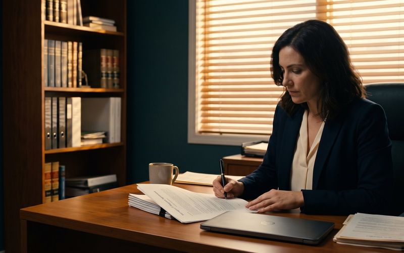 An office manager at a small law firm signs an IT support agreement at her desk in late-afternoon light, while a year planner on the wall behind her has January through June crossed off and July circled