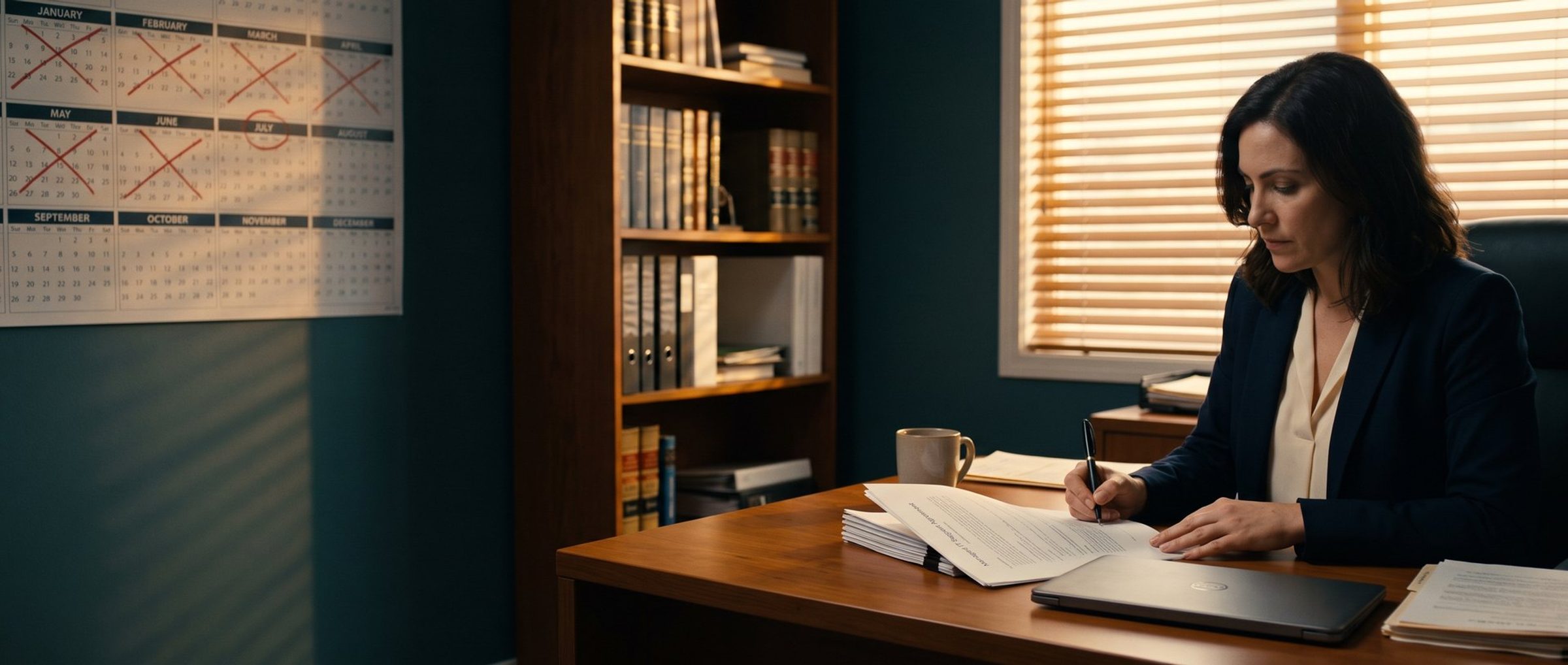An office manager at a small law firm signs an IT support agreement at her desk in late-afternoon light, while a year planner on the wall behind her has January through June crossed off and July circled