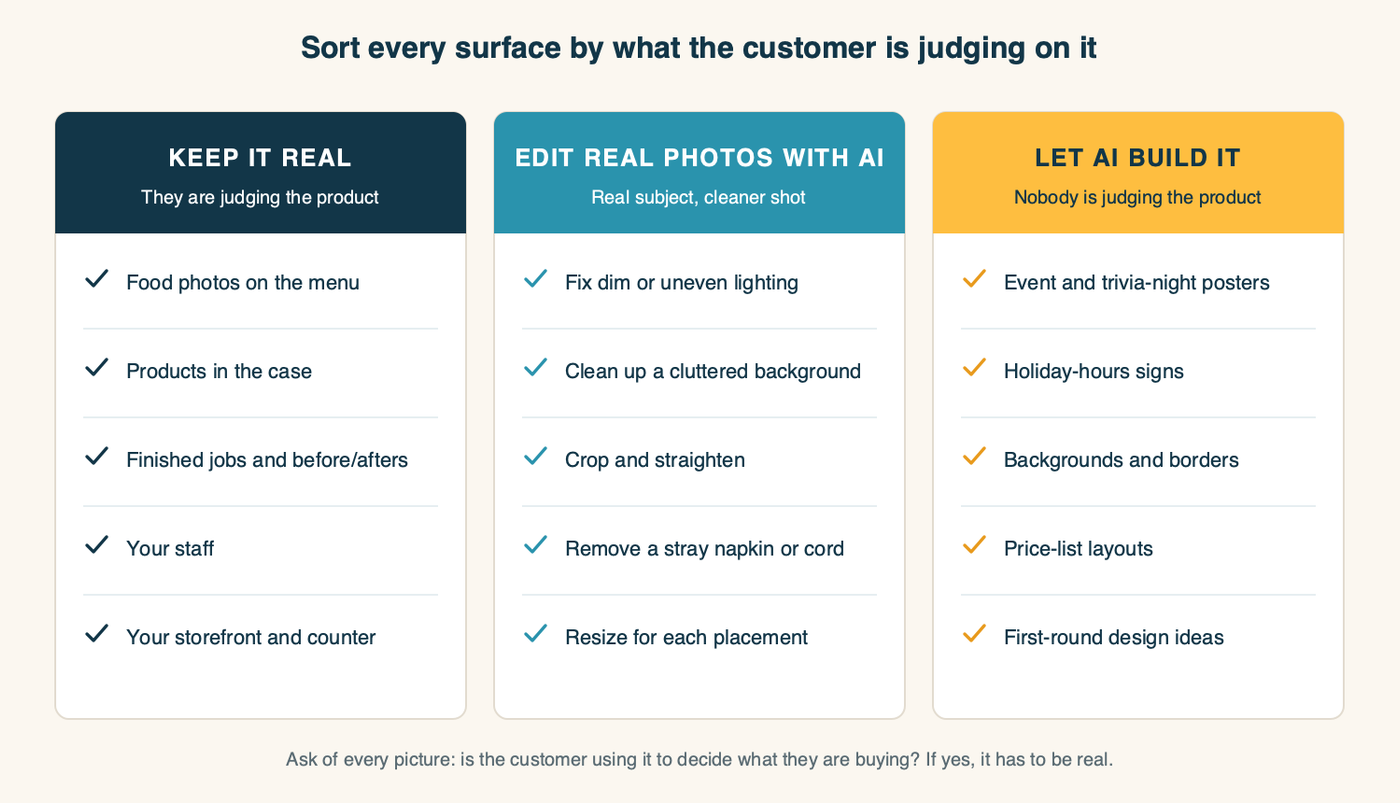 A grid sorting local-business marketing surfaces into three groups: keep it real (menu food photos, products in the case, finished work, your staff, your storefront), edit real photos with AI (lighting, background cleanup, cropping, removing clutter), and let AI build it (event posters, holiday-hours signs, backgrounds, borders, first-round design ideas)