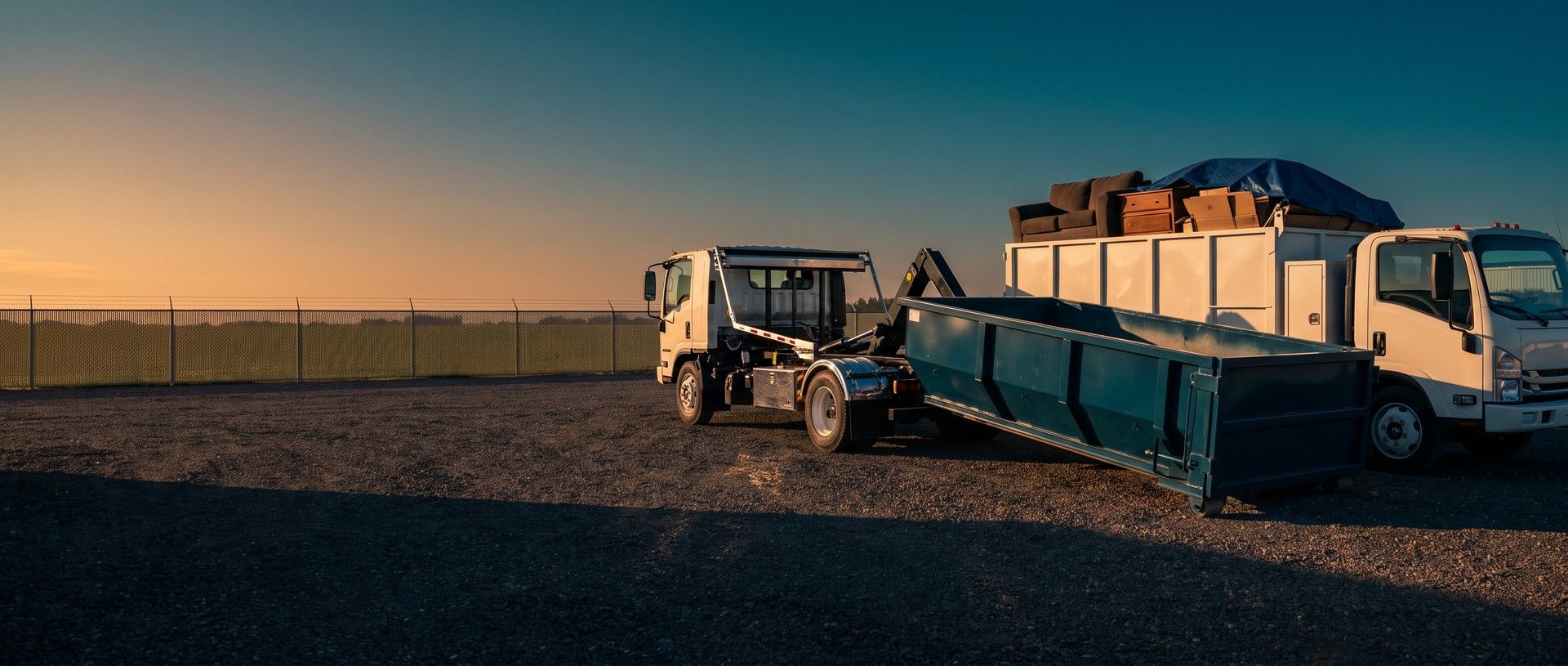 A hauling company's gravel yard at golden hour with a white roll-off truck pulling an empty teal dumpster beside a box junk removal truck loaded with a sofa, a dresser and boxes under a blue tarp