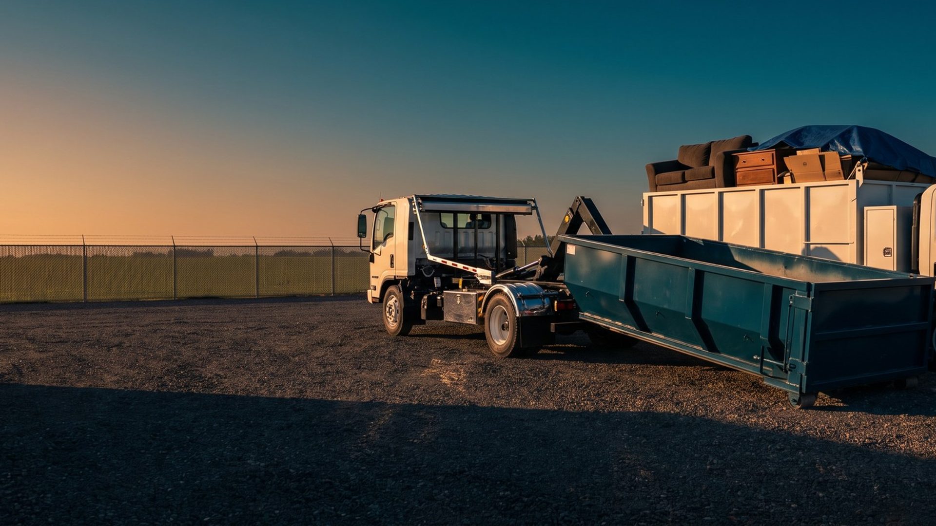 A hauling company's gravel yard at golden hour with a white roll-off truck pulling an empty teal dumpster beside a box junk removal truck loaded with a sofa, a dresser and boxes under a blue tarp