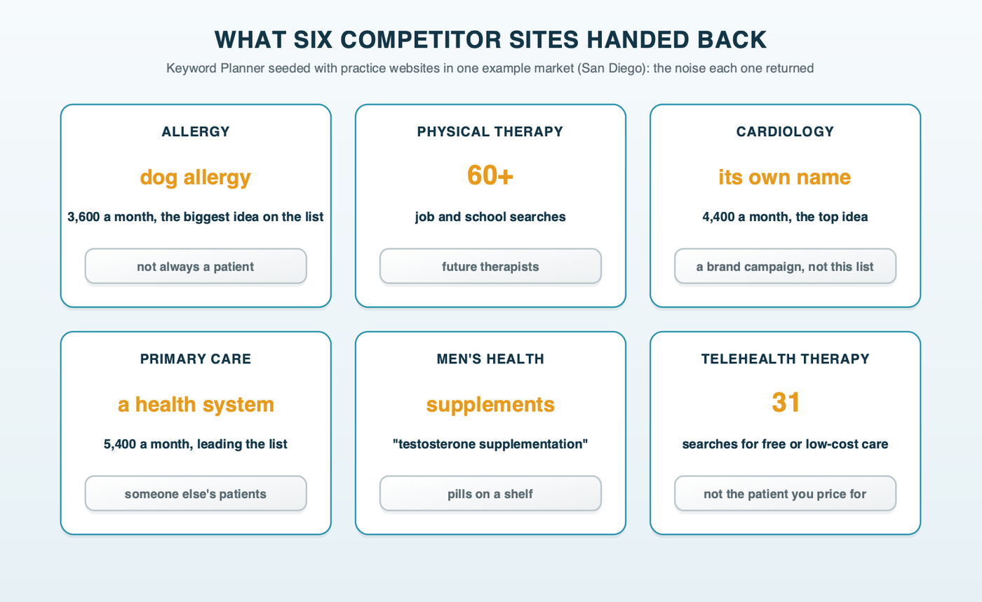 What six competitor sites handed back in one example market: allergy led by dog allergy searches, physical therapy with more than 60 job and school searches, cardiology led by the practice's own name, primary care led by a health system's name, men's health with supplement searches, and a telehealth network with 31 cheap or free searches