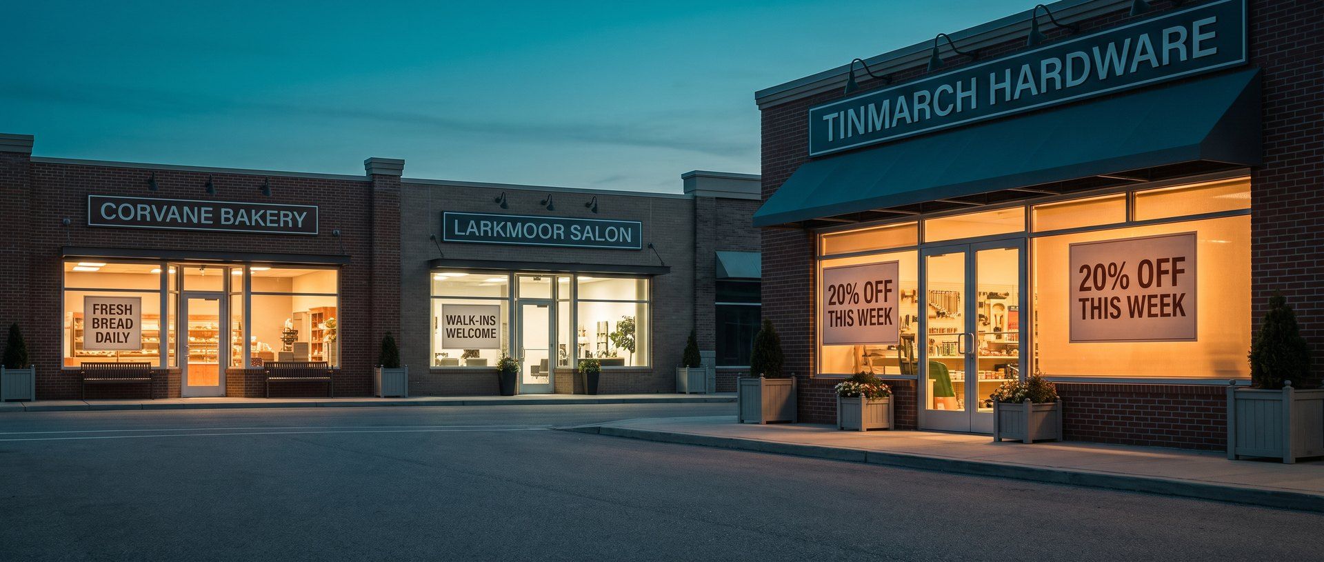 Three neighboring storefronts at dusk, a bakery, a salon and a hardware store, each with its own offer in the window: Fresh Bread Daily, Walk-Ins Welcome and 20% Off This Week