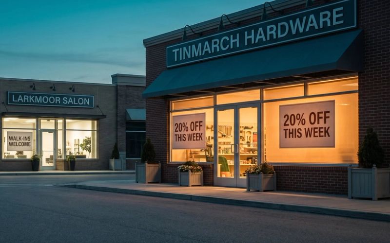 Three neighboring storefronts at dusk, a bakery, a salon and a hardware store, each with its own offer in the window: Fresh Bread Daily, Walk-Ins Welcome and 20% Off This Week