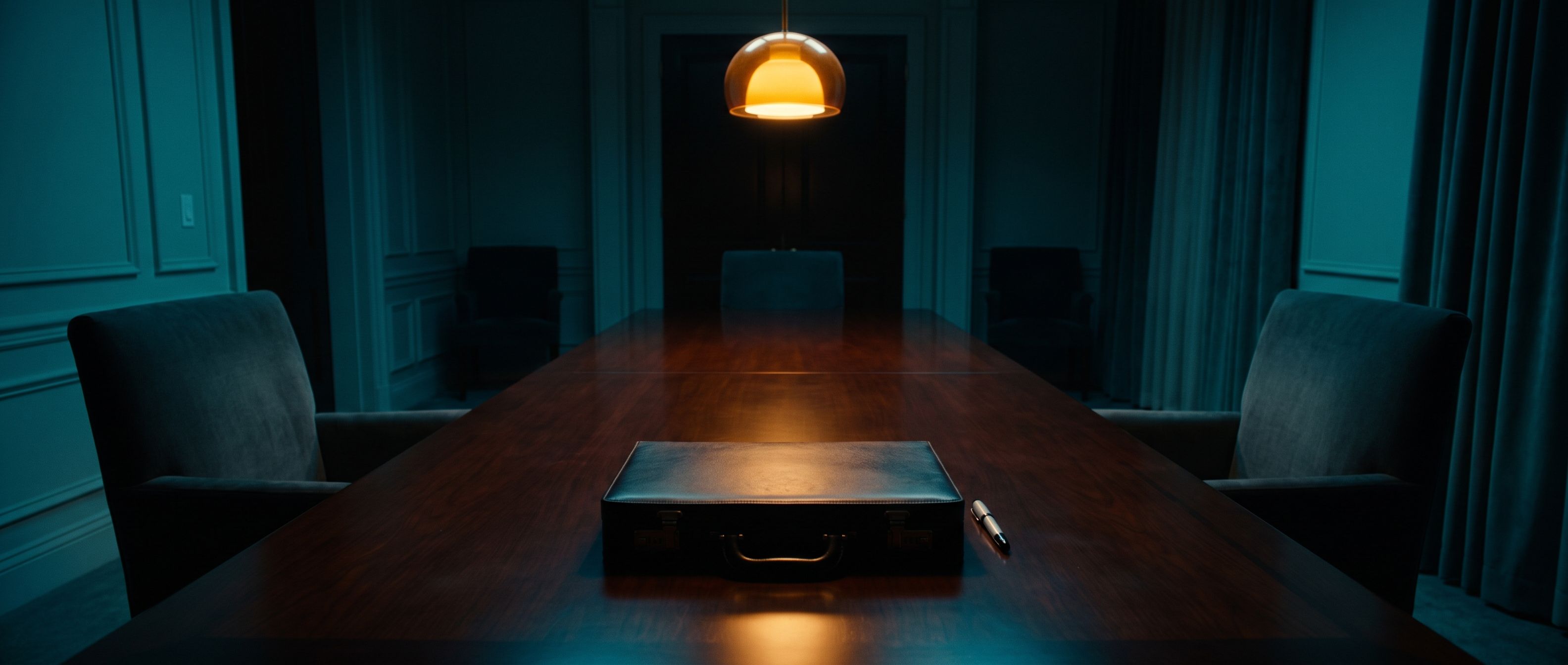 A closed briefcase sitting alone on a long empty boardroom table under a single warm overhead light