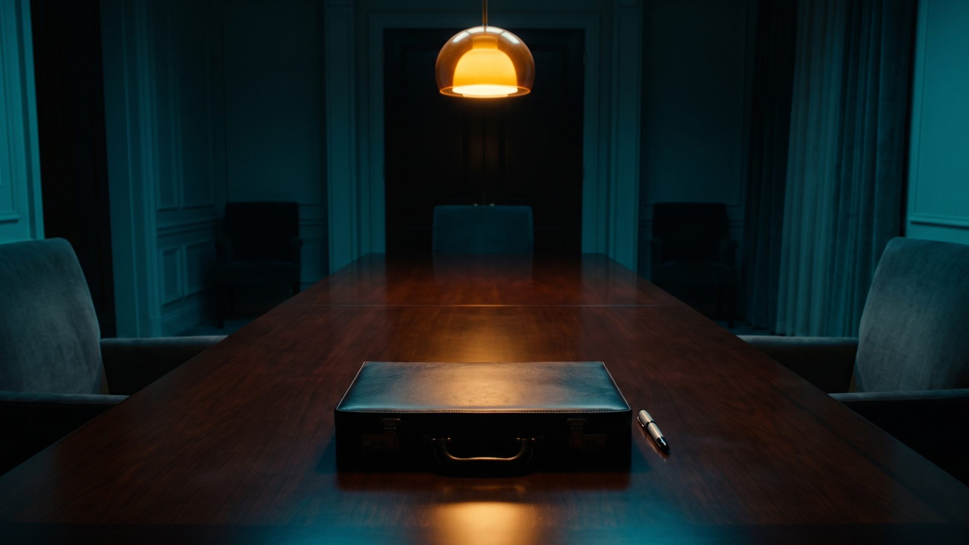 A closed briefcase sitting alone on a long empty boardroom table under a single warm overhead light