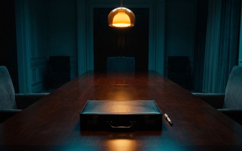 A closed briefcase sitting alone on a long empty boardroom table under a single warm overhead light