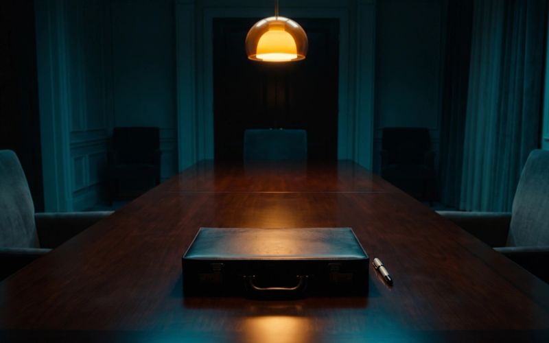 A closed briefcase sitting alone on a long empty boardroom table under a single warm overhead light