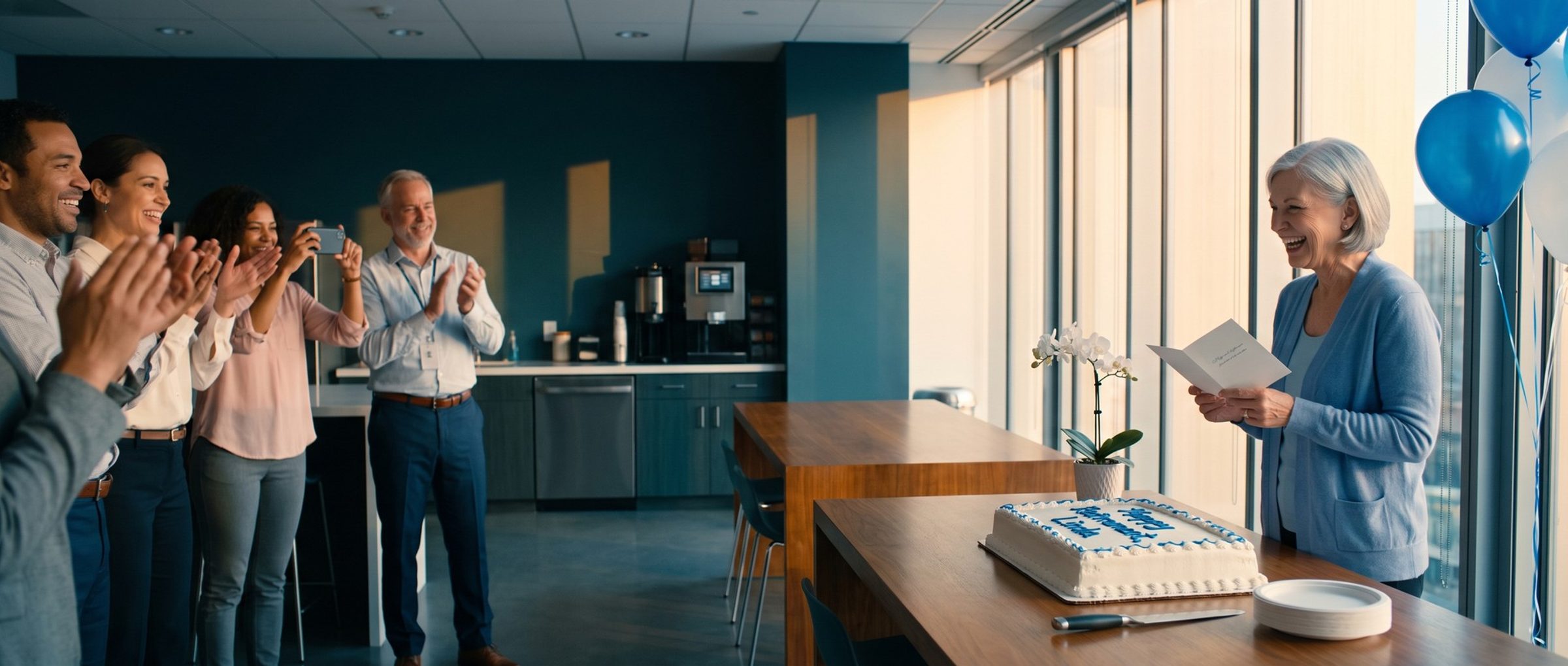 Coworkers clap and take photos as a woman in her early sixties laughs over a farewell card at her office retirement send-off, a sheet cake reading Happy Retirement, Linda on the table in front of her