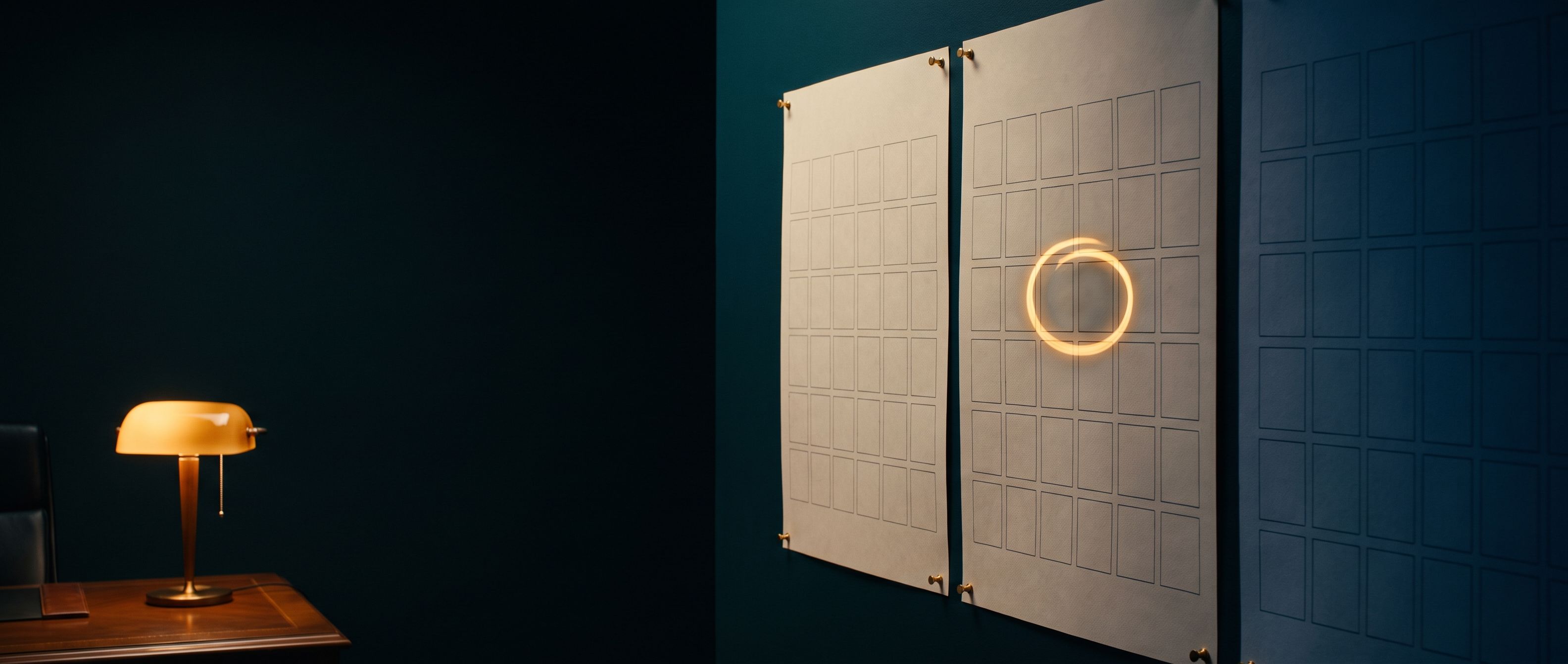 Three blank month calendar pages pinned to a dark teal wall, one day square circled in glowing amber, a small desk lamp lit at far left