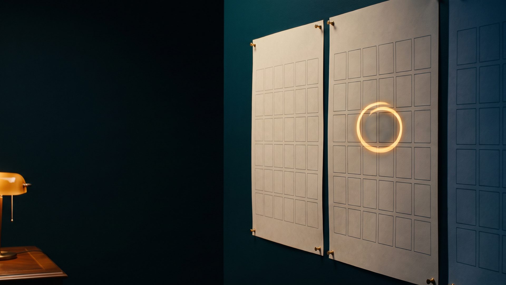 Three blank month calendar pages pinned to a dark teal wall, one day square circled in glowing amber, a small desk lamp lit at far left