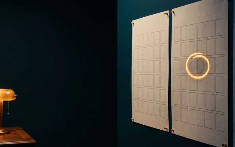 Three blank month calendar pages pinned to a dark teal wall, one day square circled in glowing amber, a small desk lamp lit at far left
