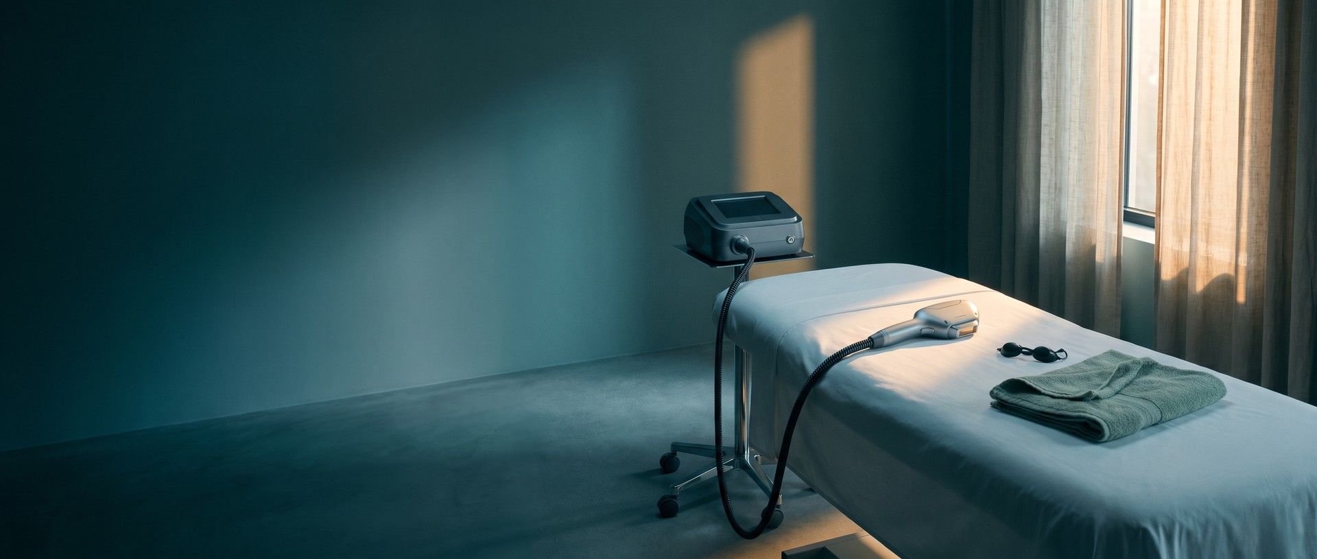 A quiet med spa treatment room with a laser hair removal handpiece resting on a made treatment bed beside a folded sage-green towel and protective eyewear, a stripe of window sun on the wall