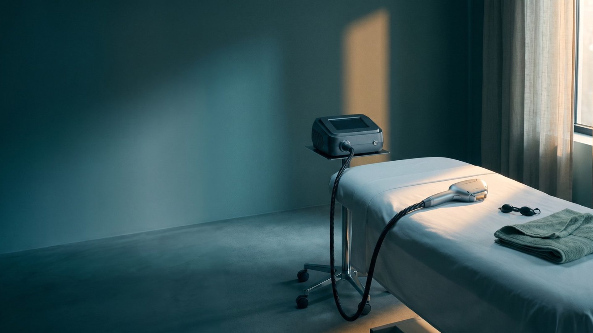 A quiet med spa treatment room with a laser hair removal handpiece resting on a made treatment bed beside a folded sage-green towel and protective eyewear, a stripe of window sun on the wall