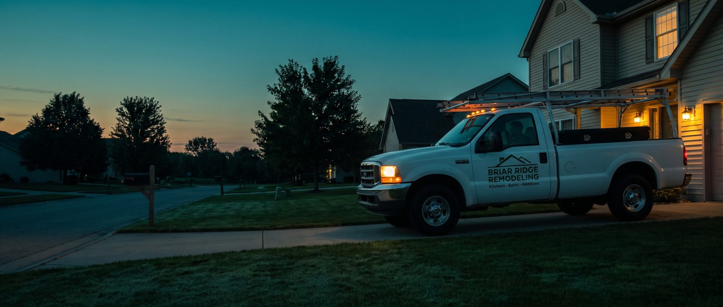 A remodeling company's lettered white work pickup pulling into a homeowner's driveway at dawn, headlights on and the porch light still glowing