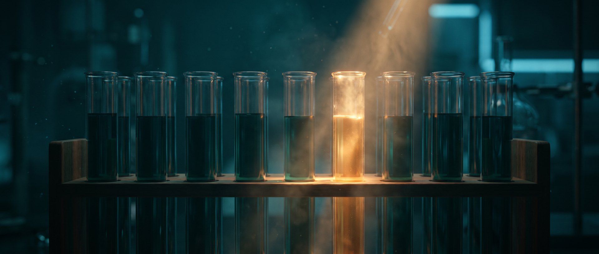 A row of laboratory test tubes in a dark lab, one glowing warm amber from within - the winning ad that reveals itself only after you test many.